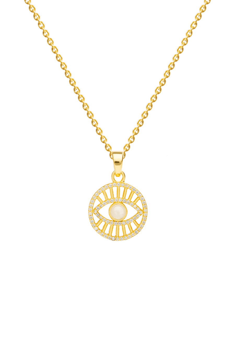 collar de ojo turco dorado con circonitas blancas y piedraluna semipreciosa de diseño lavani jewels