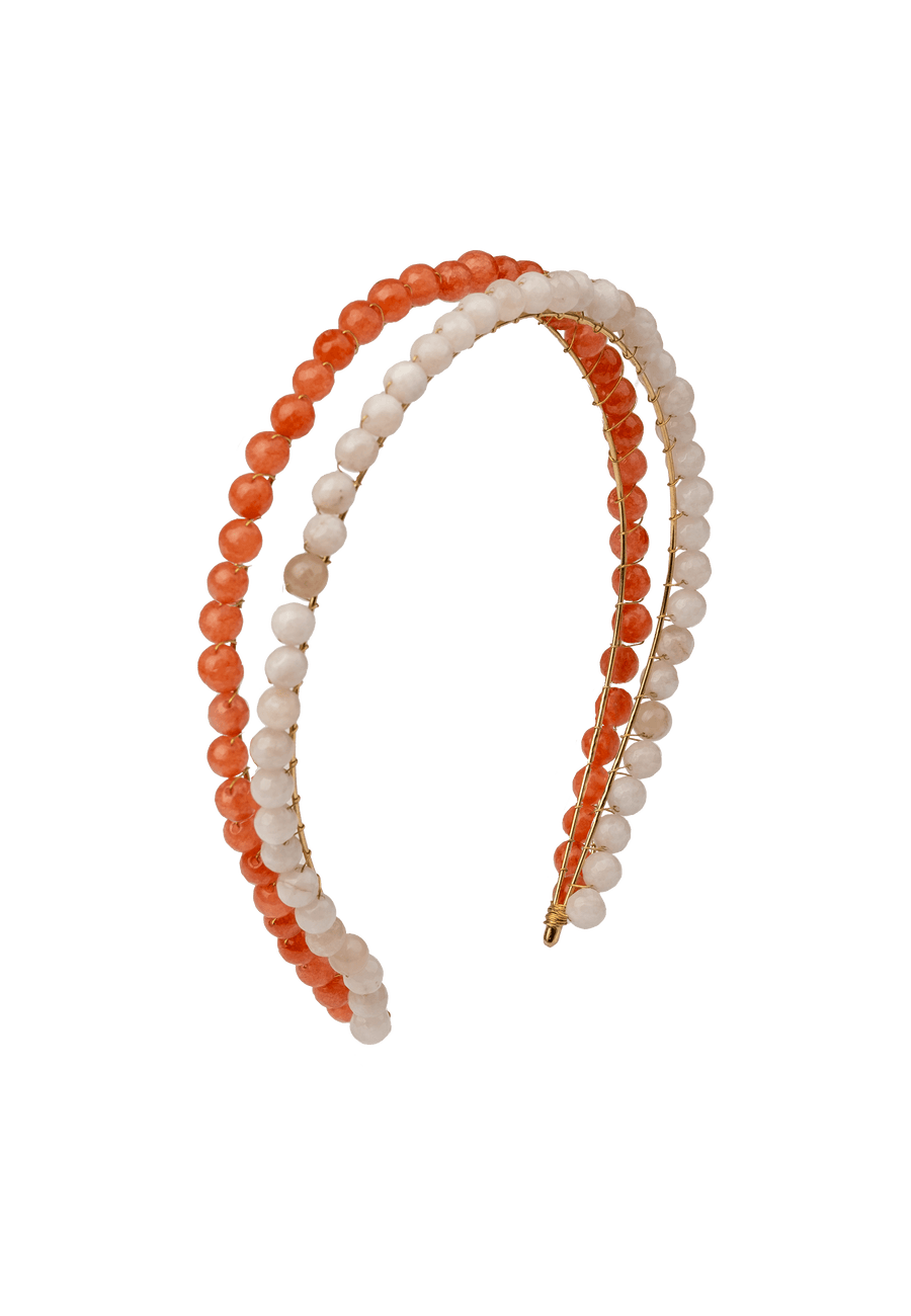Diadema de pedrería con piedras naturales en naranja y blanco