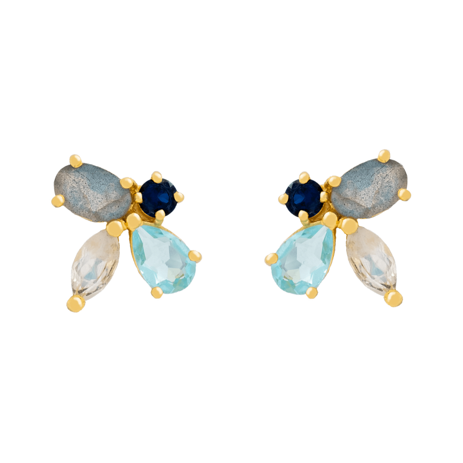 Pendientes de abeja minimalistas con piedras naturales de tonos azules.