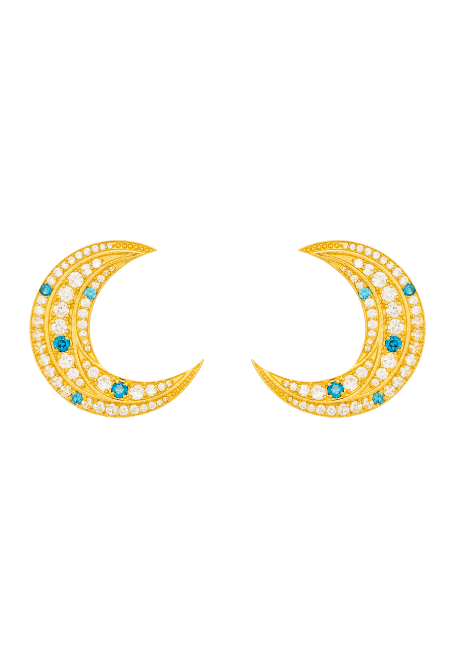 pendientes de luna dorados con circonitas blancas y azules de diseño Lavani Jewels