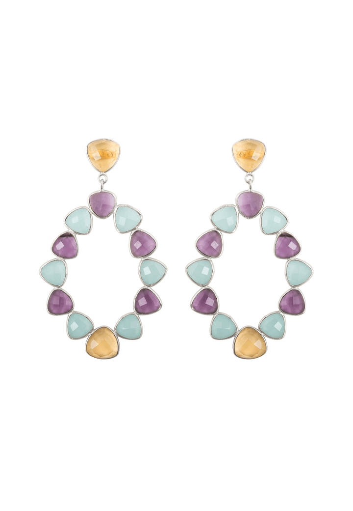 Pendientes plateados con piedras aguamarina y morado para eventos